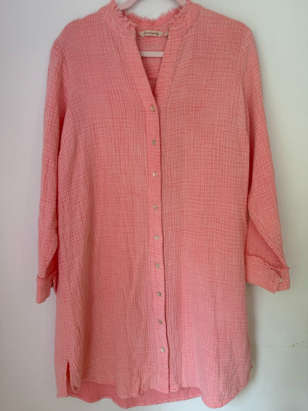 Soft Surroundings Coral-Pink Cotton Dress Fringe Neckline Size L